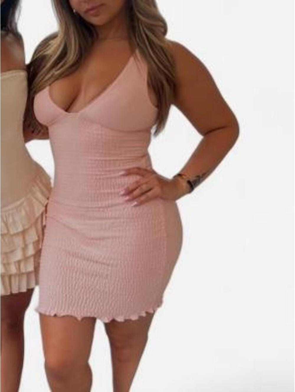 White fox pink ruffle mini dress